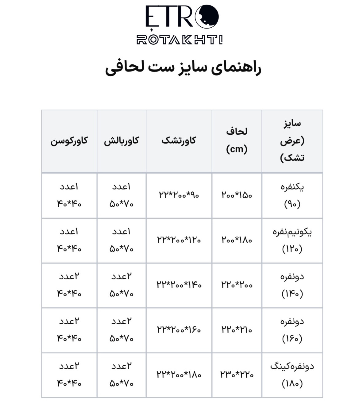 راهنمای سایز ست روتختی لحافی